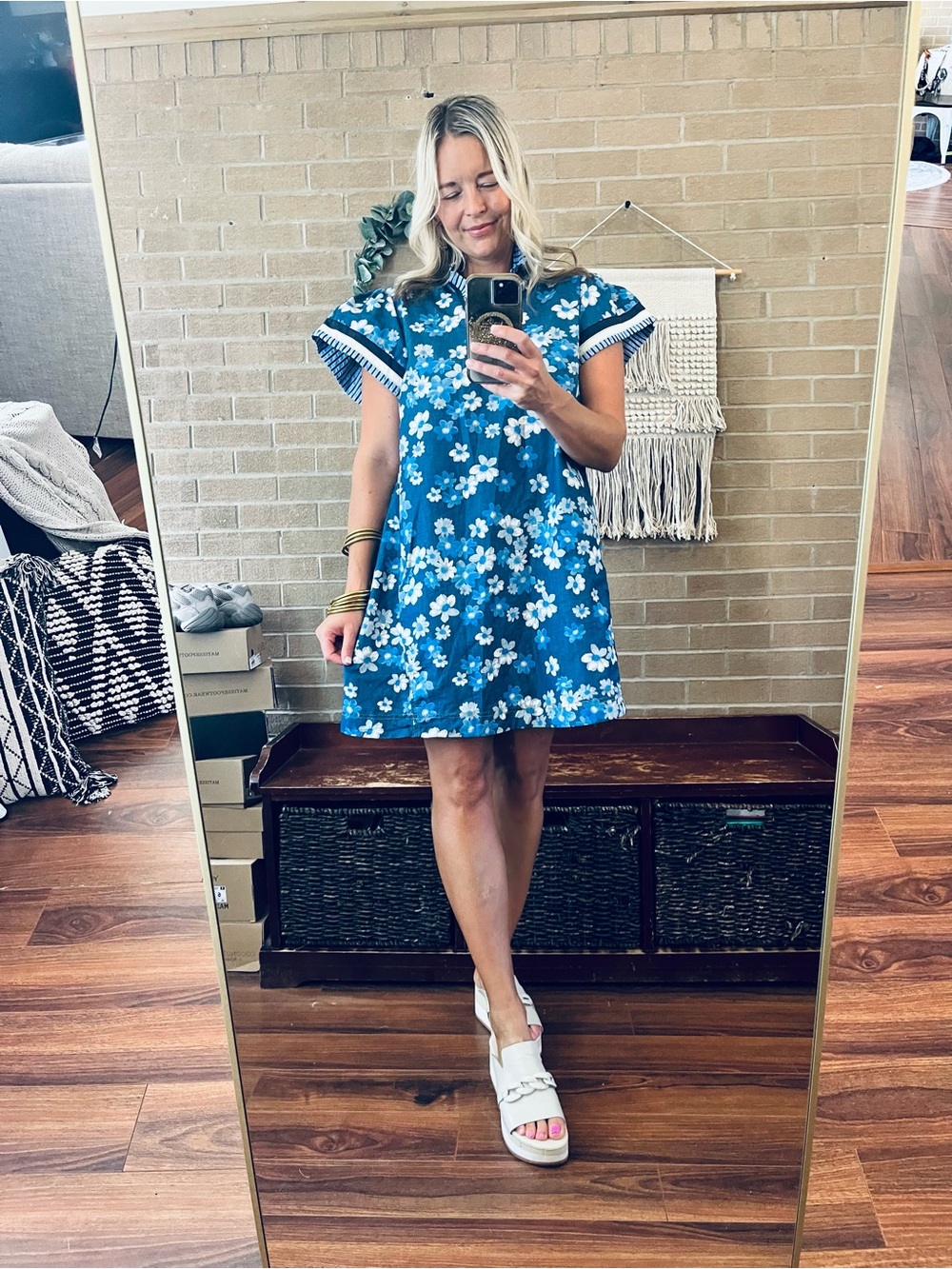 Umgee Blue Floral Mini Dress with Striped Trim